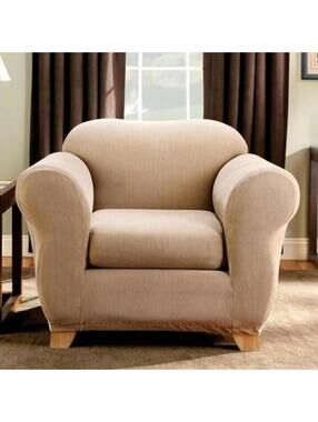 Sure Fit Stretch Stripe Chair Slipcover Box Cushion Sand Beige 2pc NEW
